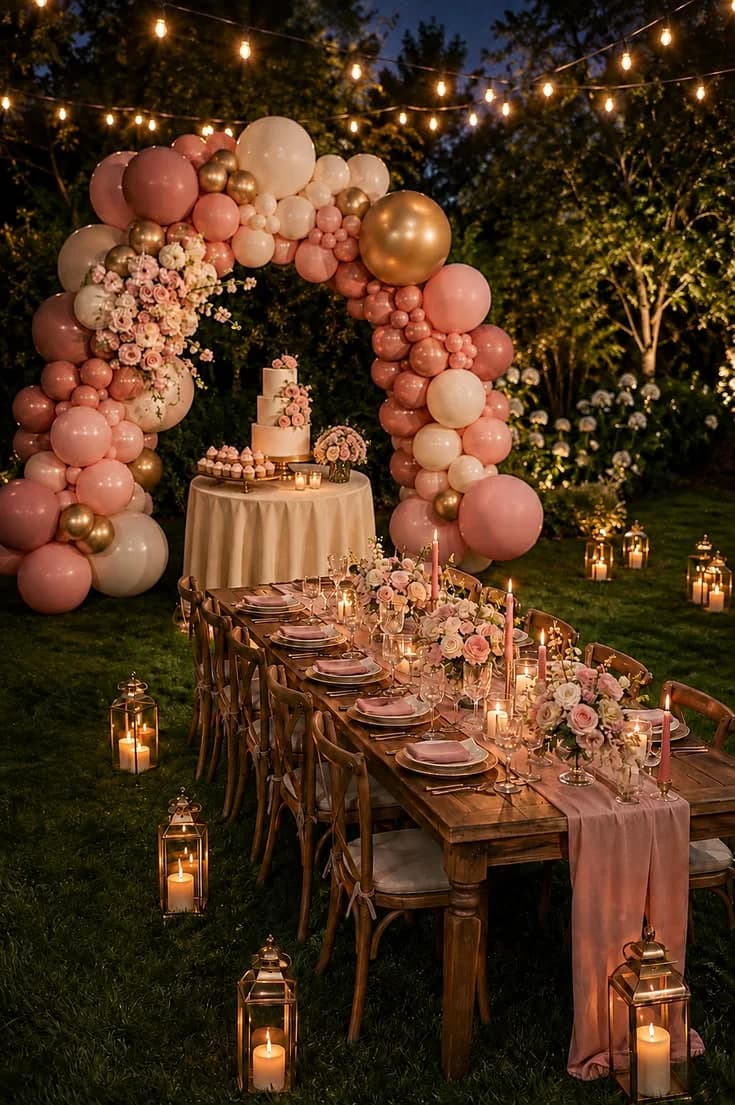 Pink balloon arch and candlelit garden birthday table