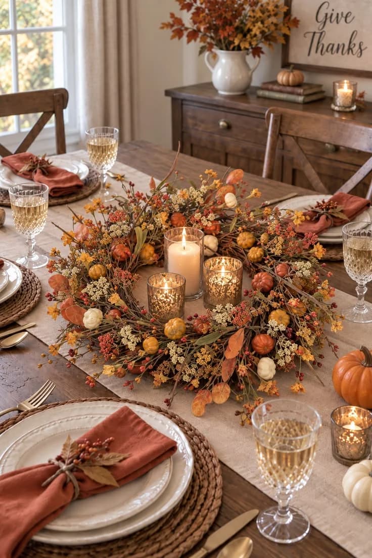 Autumn candle centerpiece with miniature pumpkins and rust napkins