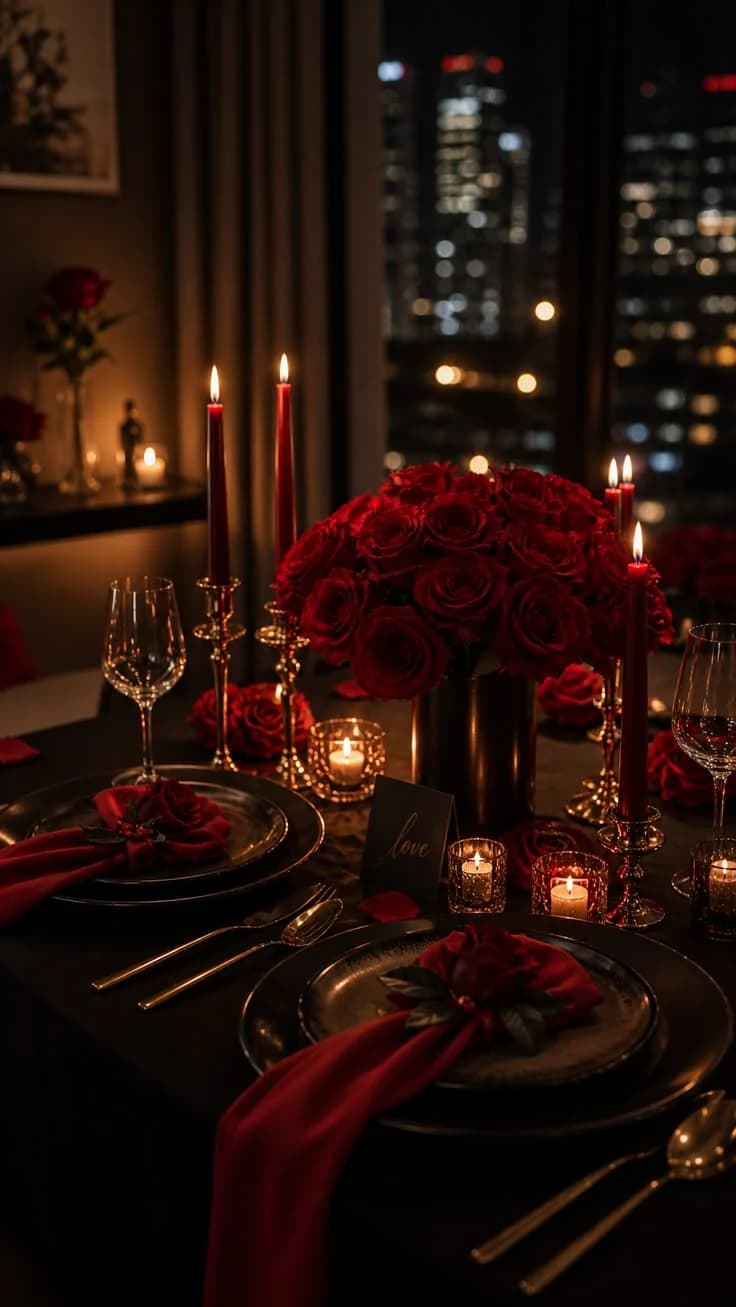 Red rose centerpiece with candles on a dark dinner table