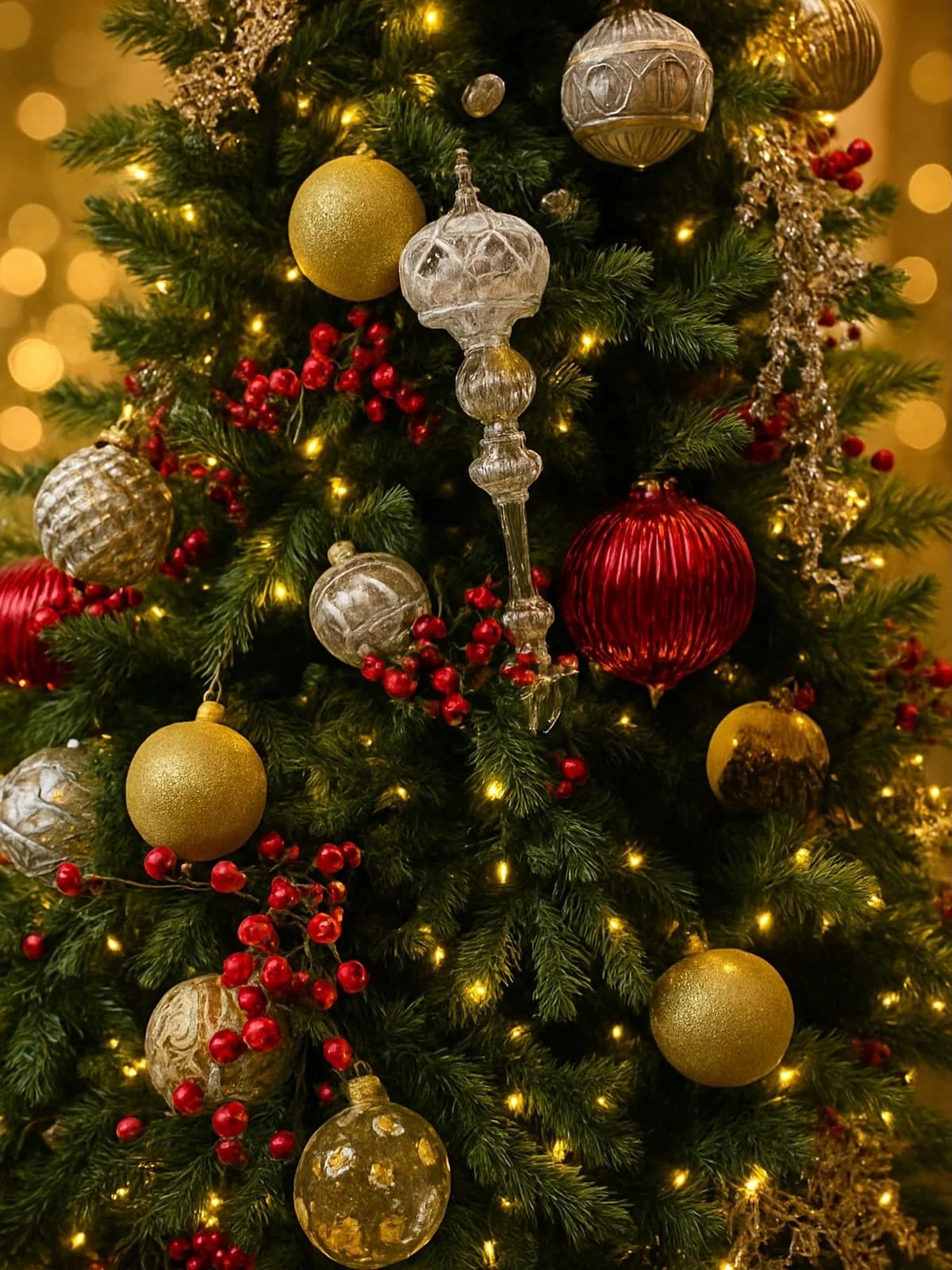 Glass finials, red baubles and gold ornaments on a Christmas tree