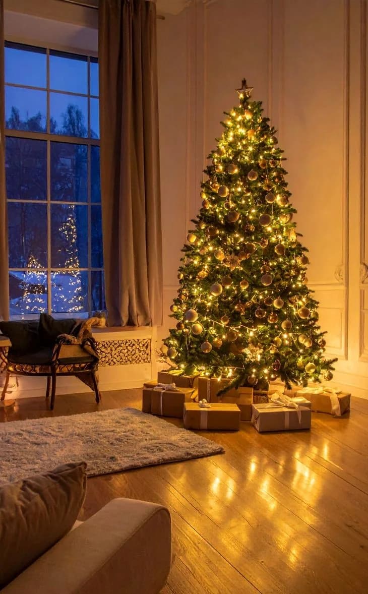 Golden Christmas tree beside a window seat at dusk