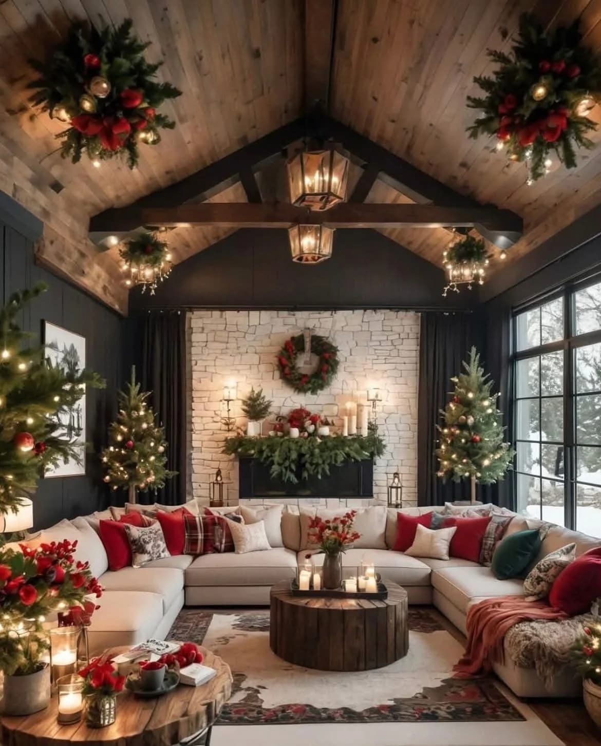 Rustic Christmas living room beneath timber beams