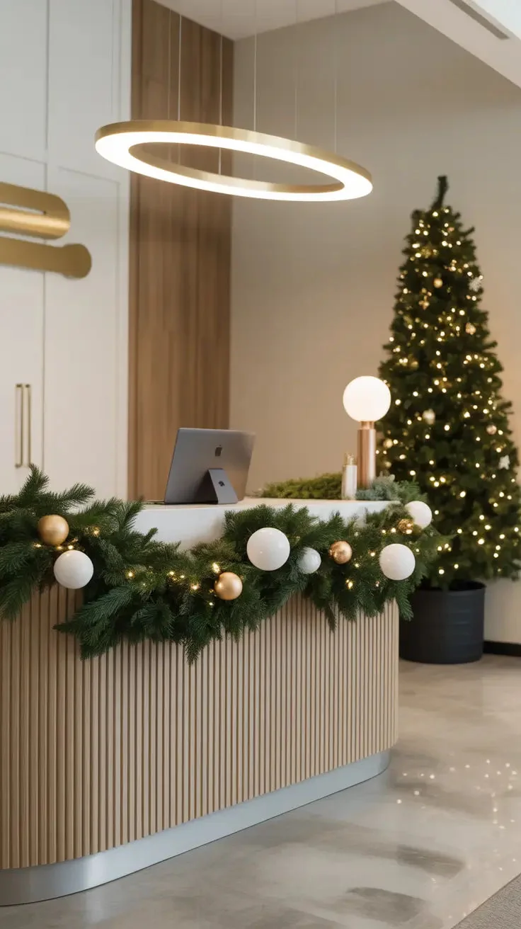 Christmas garland and lit tree in a modern reception area
