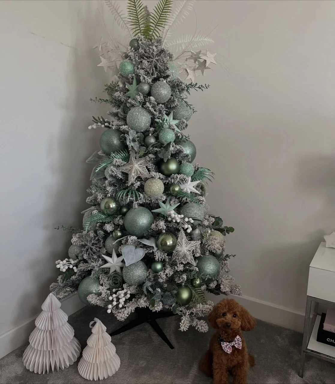 Flocked Christmas tree with green and silver baubles, stars and white berries beside white paper trees and a small brown dog.